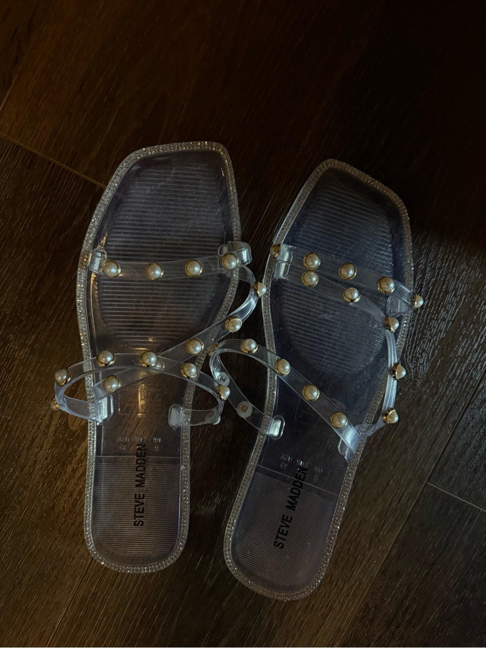 Steve Madden Transparent Studded Slide Sandals with Silver Pearlescent Accents